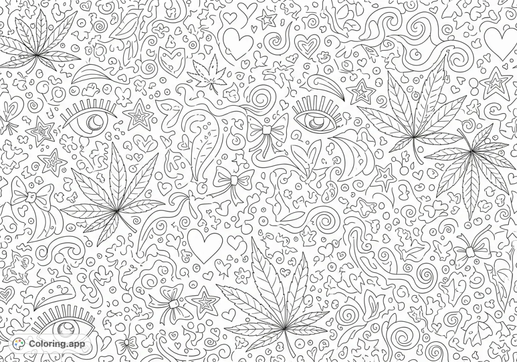 Dive into a quirky world of girly stoner oddities with this intricate pattern. Featuring stylized cannabis leaves, hearts, stars, and whimsical elements for creative fun.