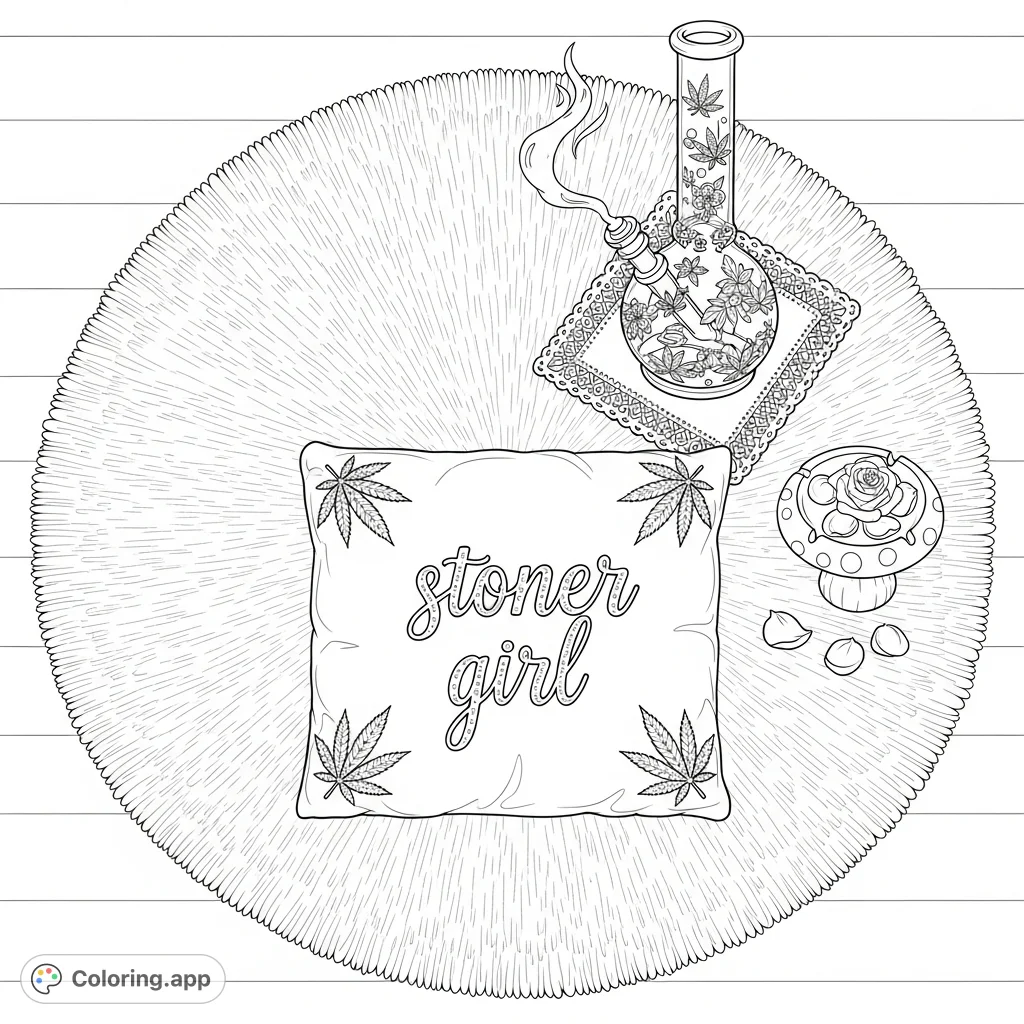 Unwind with this intricate stoner girl coloring page. Features a velvet pillow with cannabis leaf motifs, an elegant glass bong, and delicate rose petals.