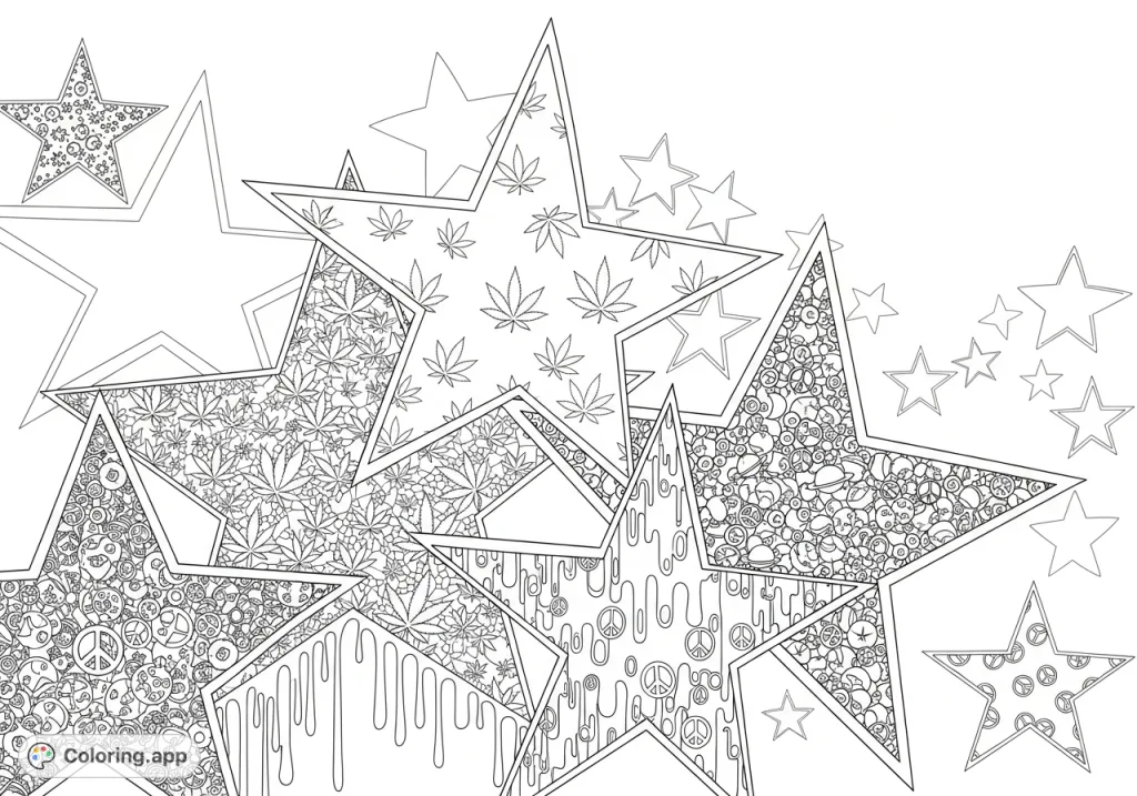 Explore intricate "stoner girly" star patterns featuring smoke clouds, gemstones, mushrooms, celestial eyes, tie-dye swirls, and elegant leaf-like shapes.