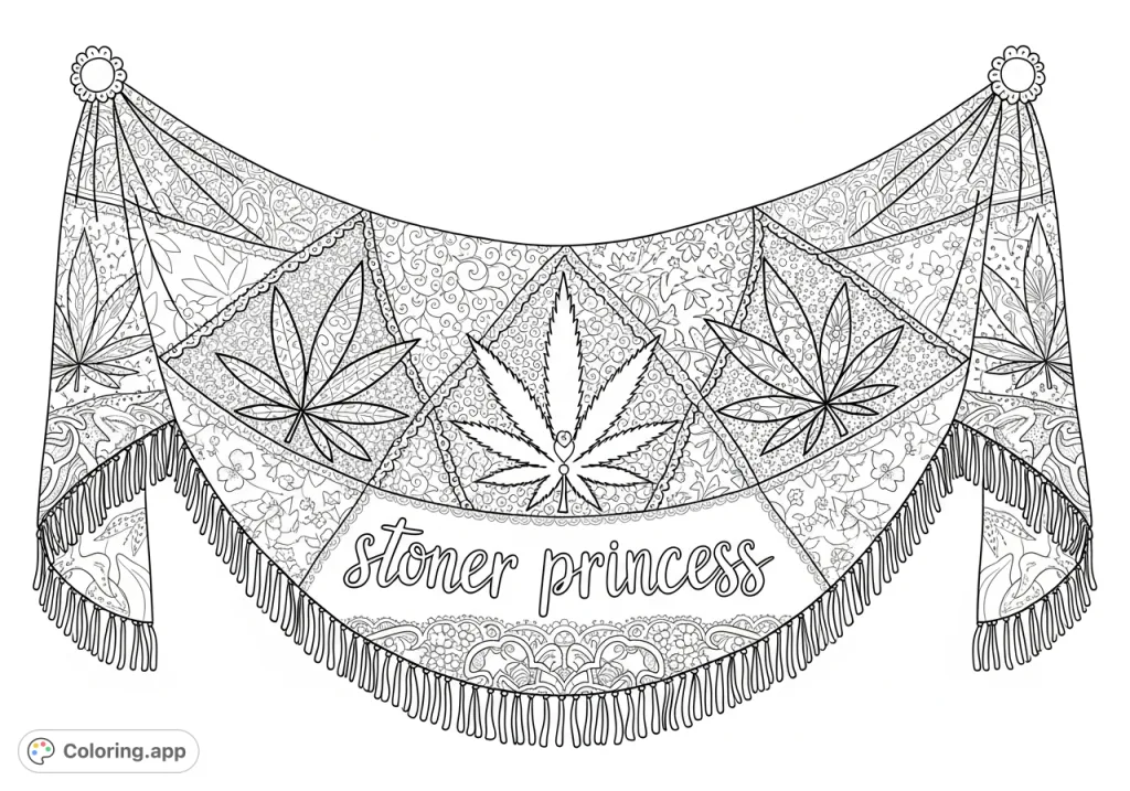 An elegant textile banner featuring an elaborate cannabis patchwork, intricate lace, pearl-like beads, and "stoner princess" script. Perfect for adult colorists.