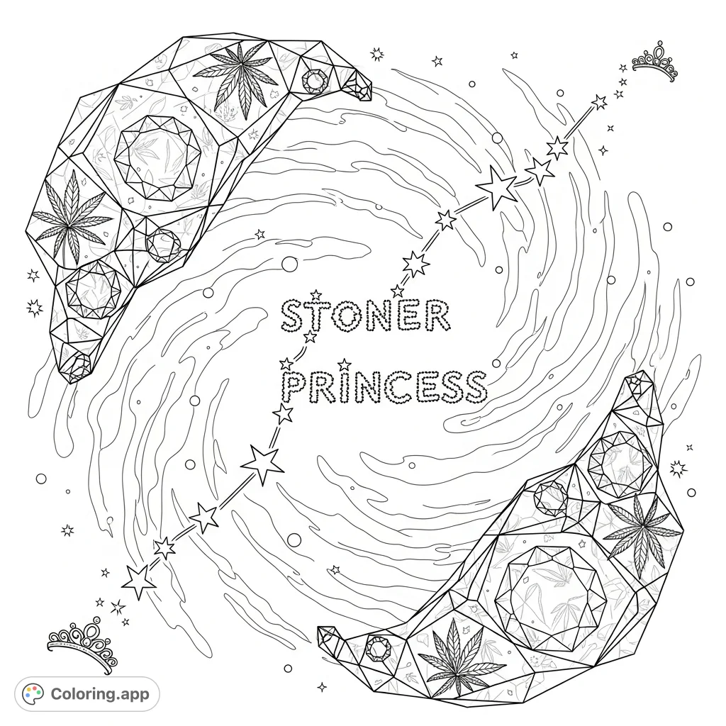 Explore a unique "stoner princess" constellation coloring page, featuring swirling nebulae, geometric facets with cannabis leaves or jewels, and drifting tiaras.