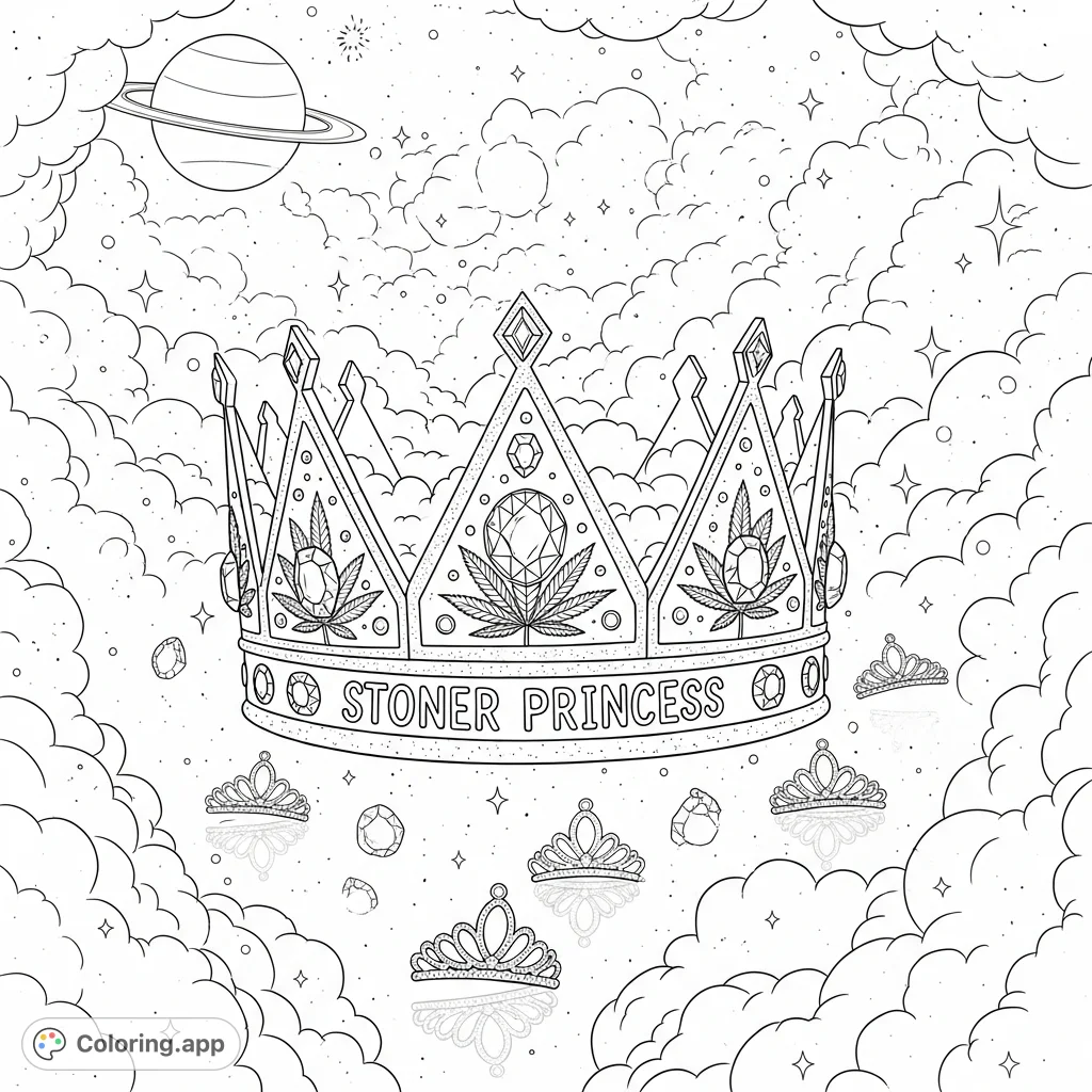 Experience the ethereal beauty of a stoner princess crown, featuring cannabis leaves and shimmering jewels emerging from cosmic clouds. A unique adult coloring page.