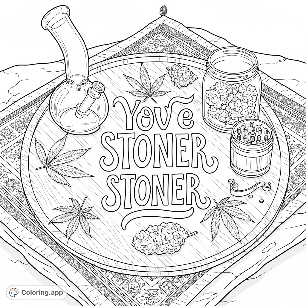 A detailed coloring page featuring a whimsical stoner quote on a polished tray, surrounded by a glass bong, cannabis buds, and grinder. Perfect for adult relaxation.
