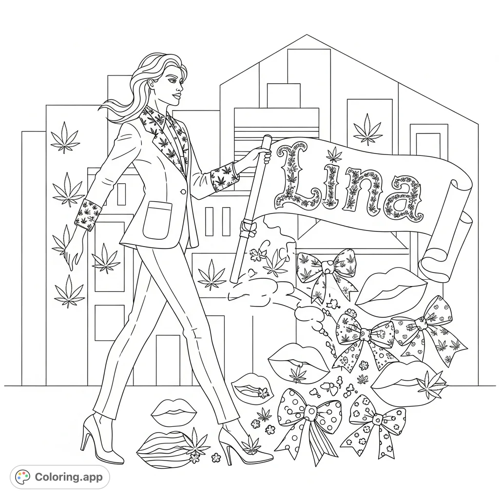 A stylish cannabis figure in tailored attire strides through a city, banner unfurling with her name, surrounded by playful lips and bows amidst urban cannabis motifs.