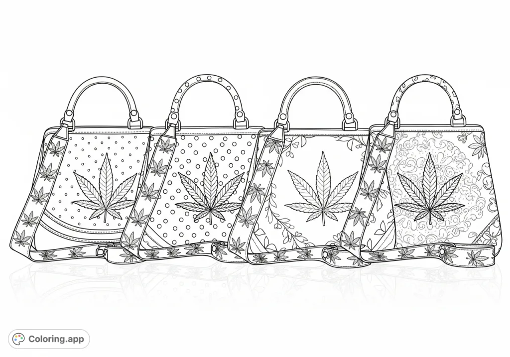 Color four chic ladies' purses, each featuring a prominent cannabis leaf design and feminine patterns like polka dots and florals, arranged on a reflective surface.