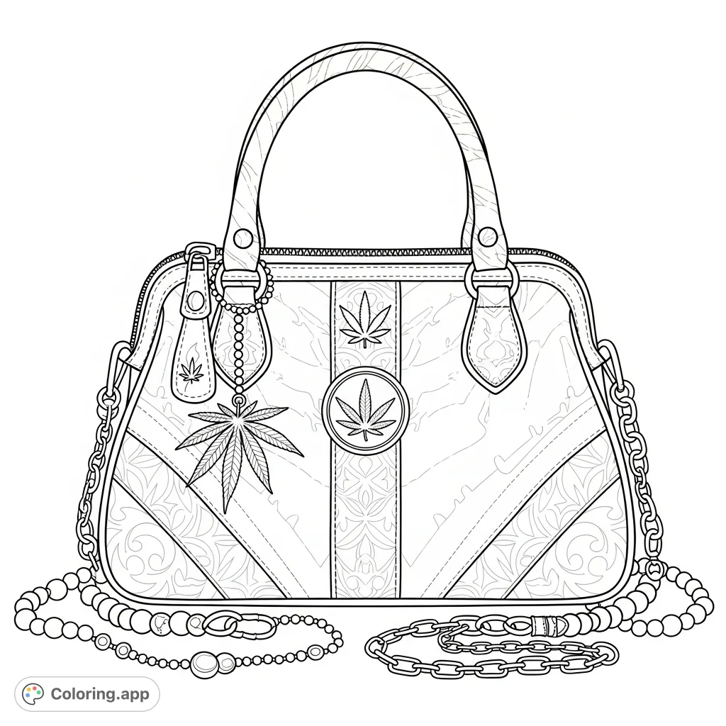 A stylish medium-sized purse adorned with intricate Marijuana girly accessories, featuring leaf motifs, decorative elements, and unique patterns for adult colorists.