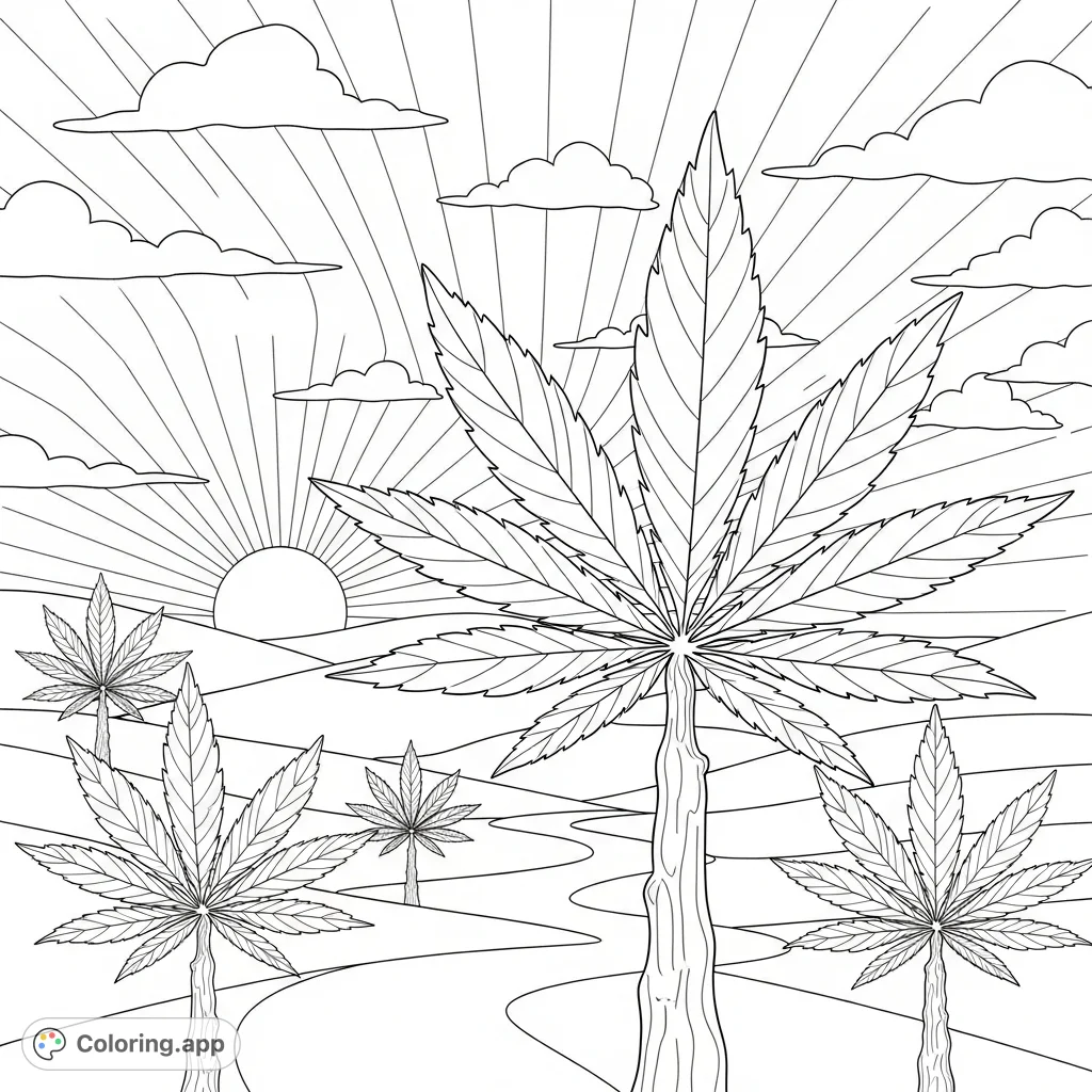 Explore a bold, simple cannabis land coloring page with stylized plants, rolling hills, and a radiant sun, perfect for creative adult relaxation.