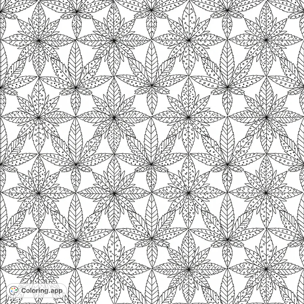 Explore an intricate cannabis leaf pattern with unique stripes, polka dots, chevrons, and stars, forming a continuous, textile-like design for creative coloring.