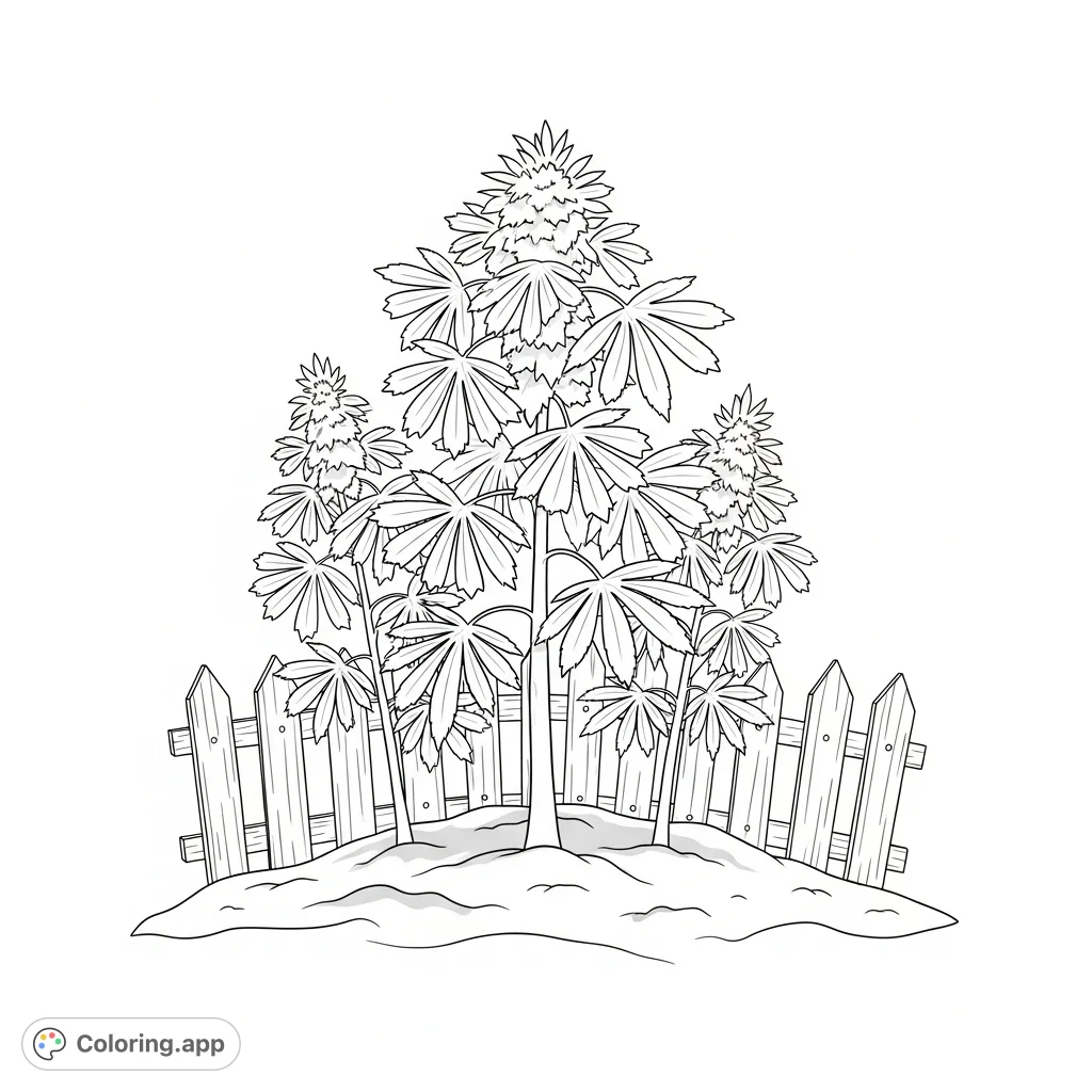 A detailed coloring page featuring a small grouping of stylized cannabis plants with distinct fan leaves, set against a simple picket fence. Explore intricate botanical forms.