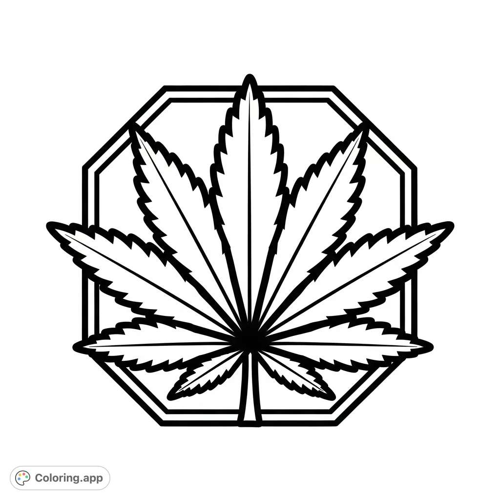 Discover a striking cannabis plant coloring page featuring bold lines, intricate fan leaves, and a geometric border. A detailed design for creative expression.