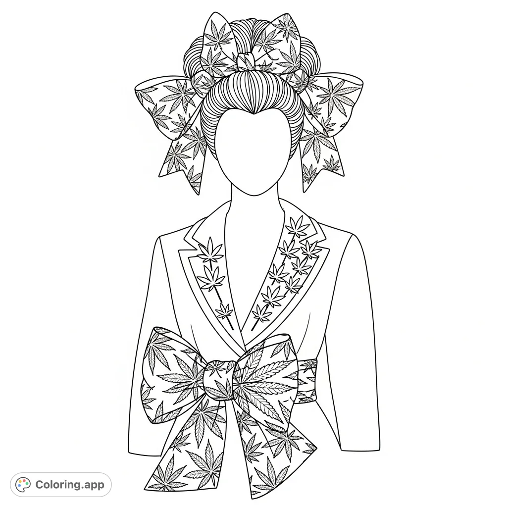 Color a stylized mannequin adorned with fashion accessories featuring bold marijuana leaf print patterns on oversized bows, a sash, and decorative pins.