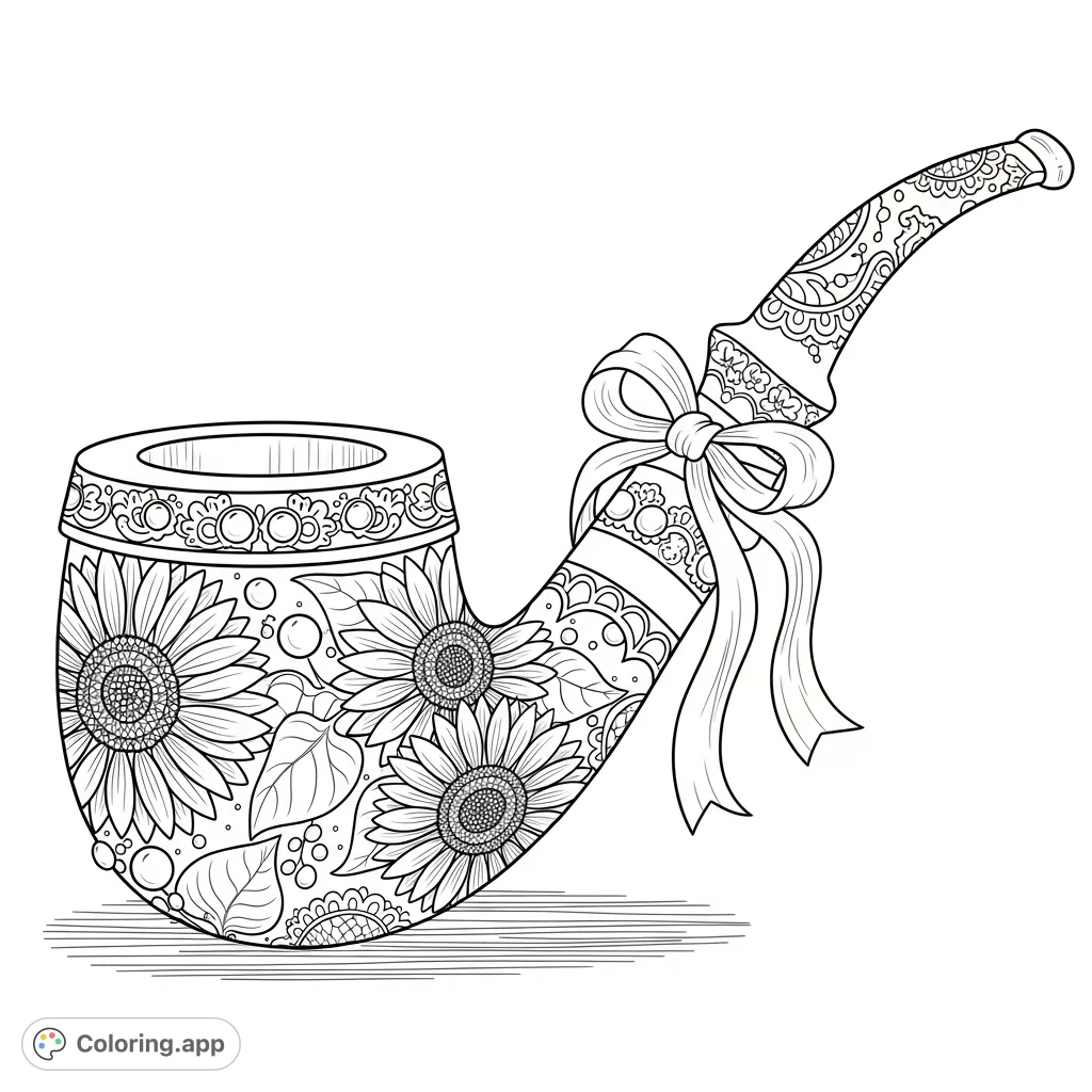 A unique pipe adorned with intricate sunflower etchings, delicate ribbons, lustrous pearls, and elegant lace patterns. A whimsical design perfect for creative coloring.