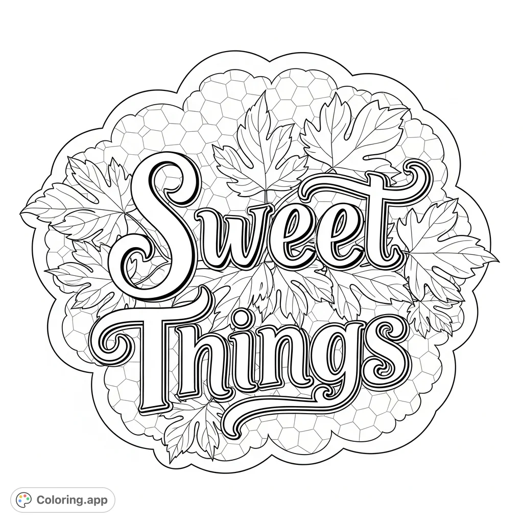 An intricate "Sweet Things" script art coloring page featuring elegant lettering, detailed foliage, a whimsical scalloped frame, and a subtle hexagonal background.