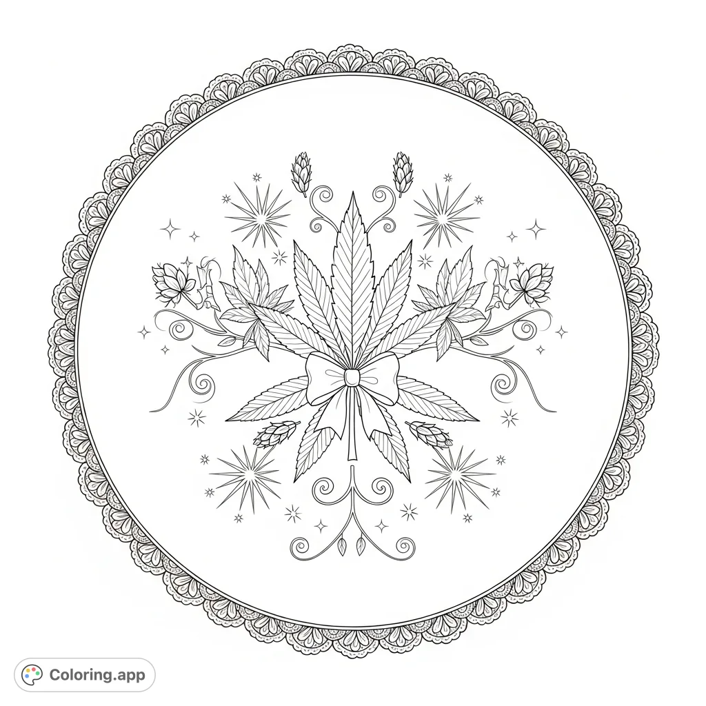 A serene coloring page featuring symmetrically arranged cannabis leaves, each with a satin bow, surrounded by starburst halos and framed by whimsical floral buds and intricate lace.