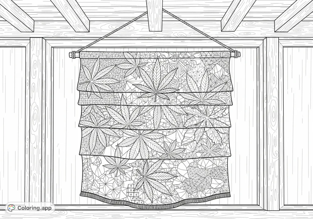 An intricate cannabis tapestry coloring page features overlapping leaves with diverse textures and mosaic patterns, suspended on an antique wooden wall.
