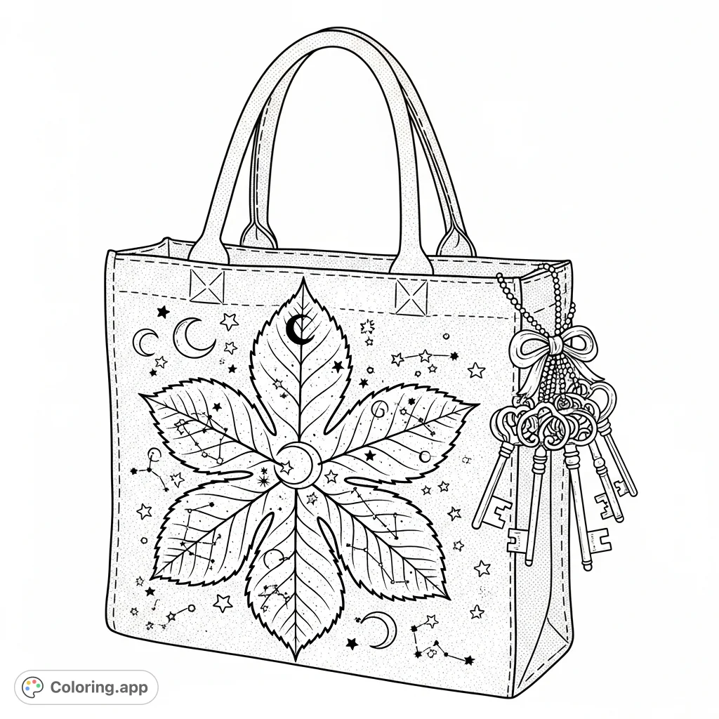 A distinctive tote bag featuring a prominent seven-lobed leaf design with intricate details, offering a unique adult coloring experience.