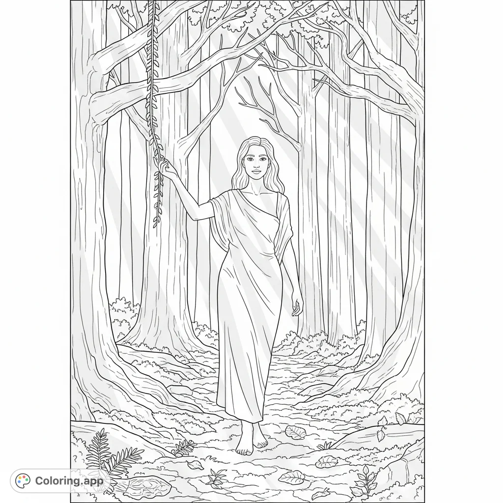 Discover serenity with this free printable forest coloring page. A graceful woman amidst ancient trees, moss, and dappled light offers a peaceful nature scene for coloring.