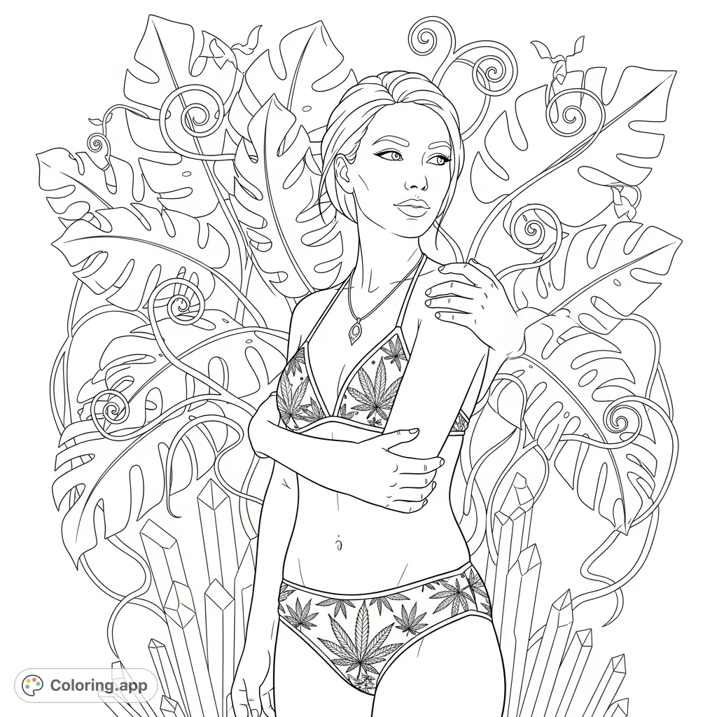 A woman in a cannabis leaf patterned bikini, surrounded by lush tropical foliage and crystalline structures, offers a unique and detailed coloring experience.
