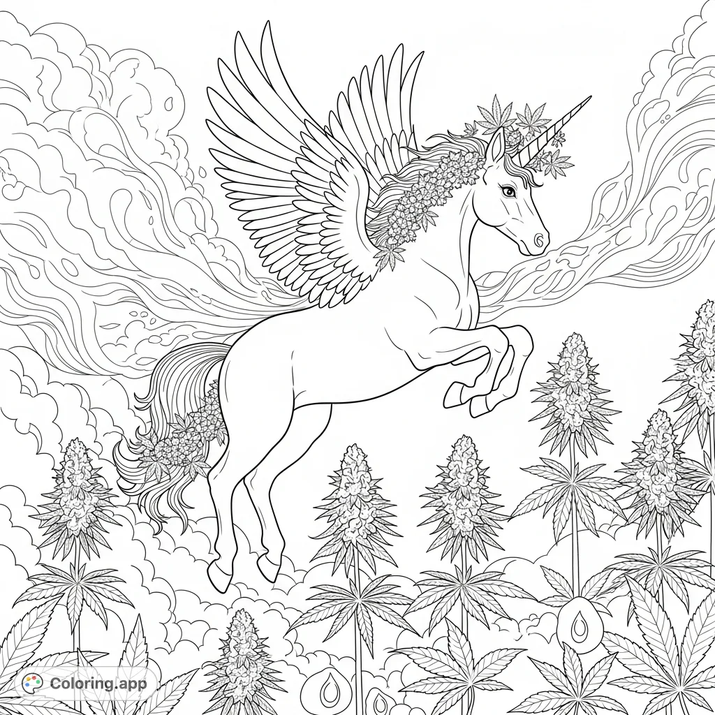 A majestic unicorn leaps gracefully over a field of stylized cannabis plants, with ethereal vapor and detailed buds. A unique, intricate adult coloring page.