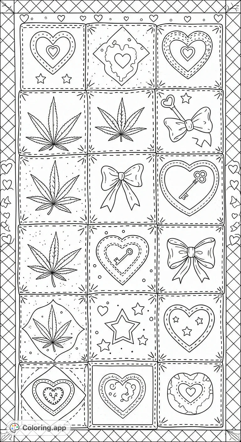 A detailed close-up of a meticulously crafted quilt featuring stylized cannabis leaves, hearts, stars, bows, and keys within a repeating patchwork design.