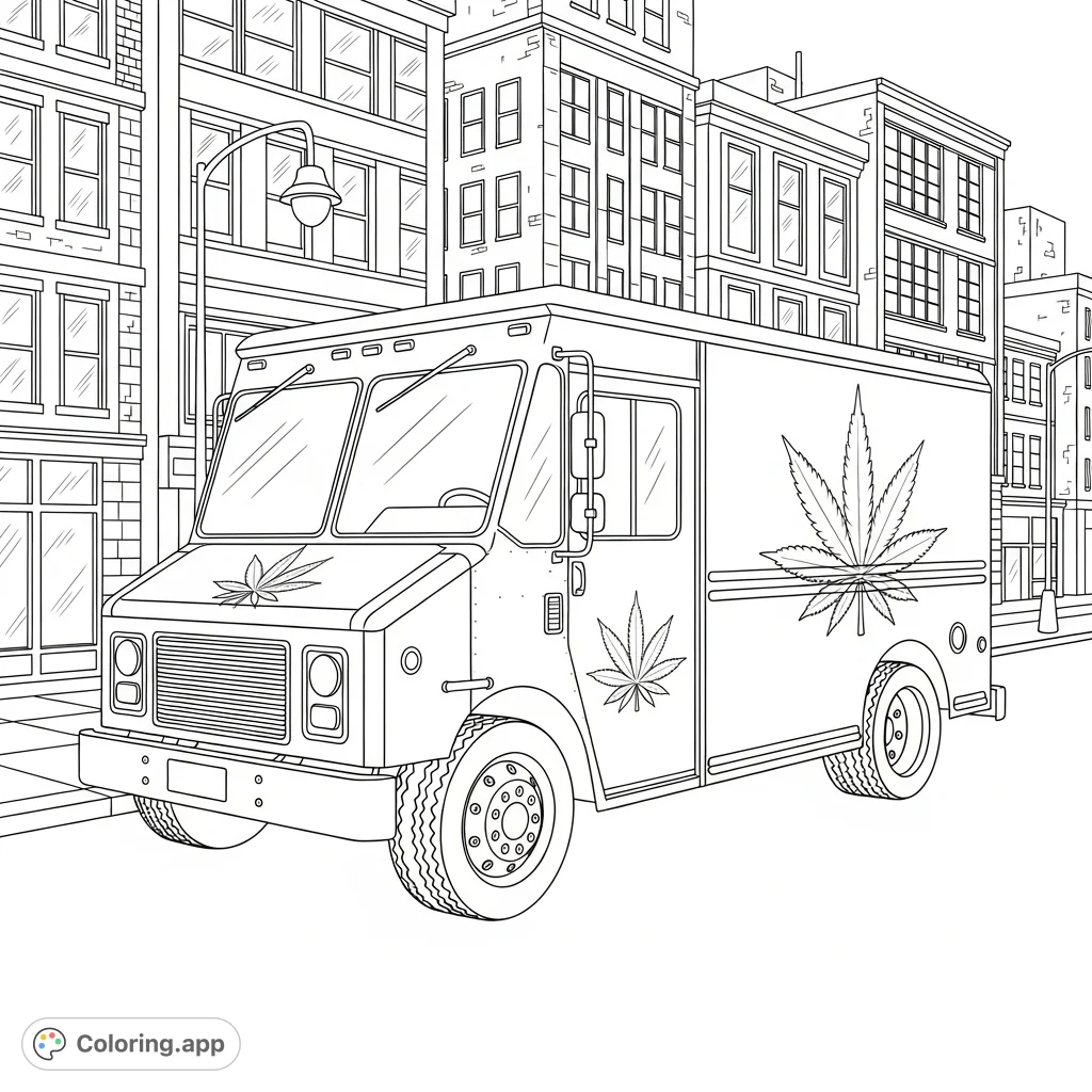 A detailed coloring page depicting a stylized cannabis delivery truck with leaf motifs, navigating an urban streetscape, offering a unique adult coloring experience.