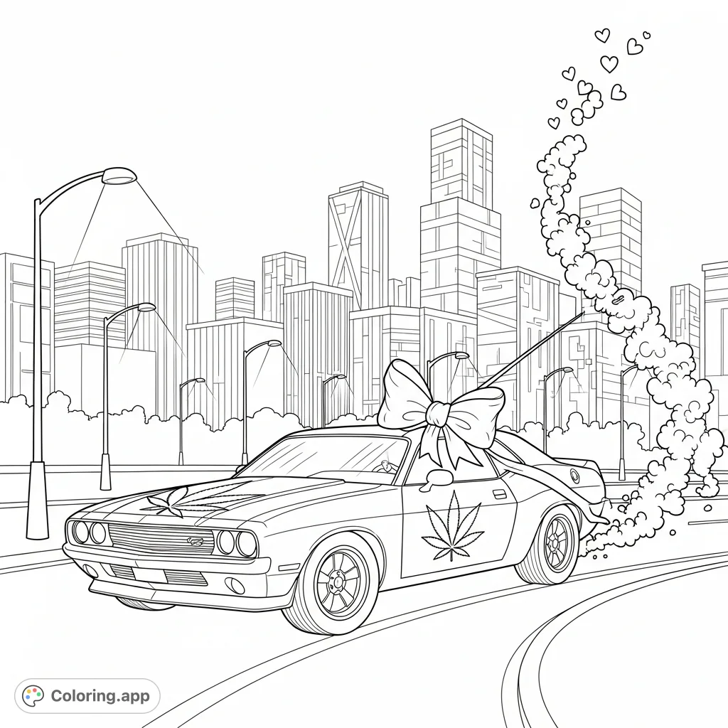 Unleash your creativity on this detailed muscle car coloring page, featuring stylized cannabis leaf decals and heart-shaped smoke on an urban street.