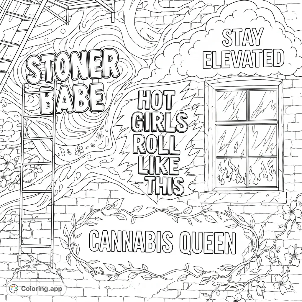 Explore a dynamic street art mural on a distressed brick wall featuring bold typography: 'stoner babe', 'Hot girls roll like this', 'cannabis queen', and 'stay elevated'.