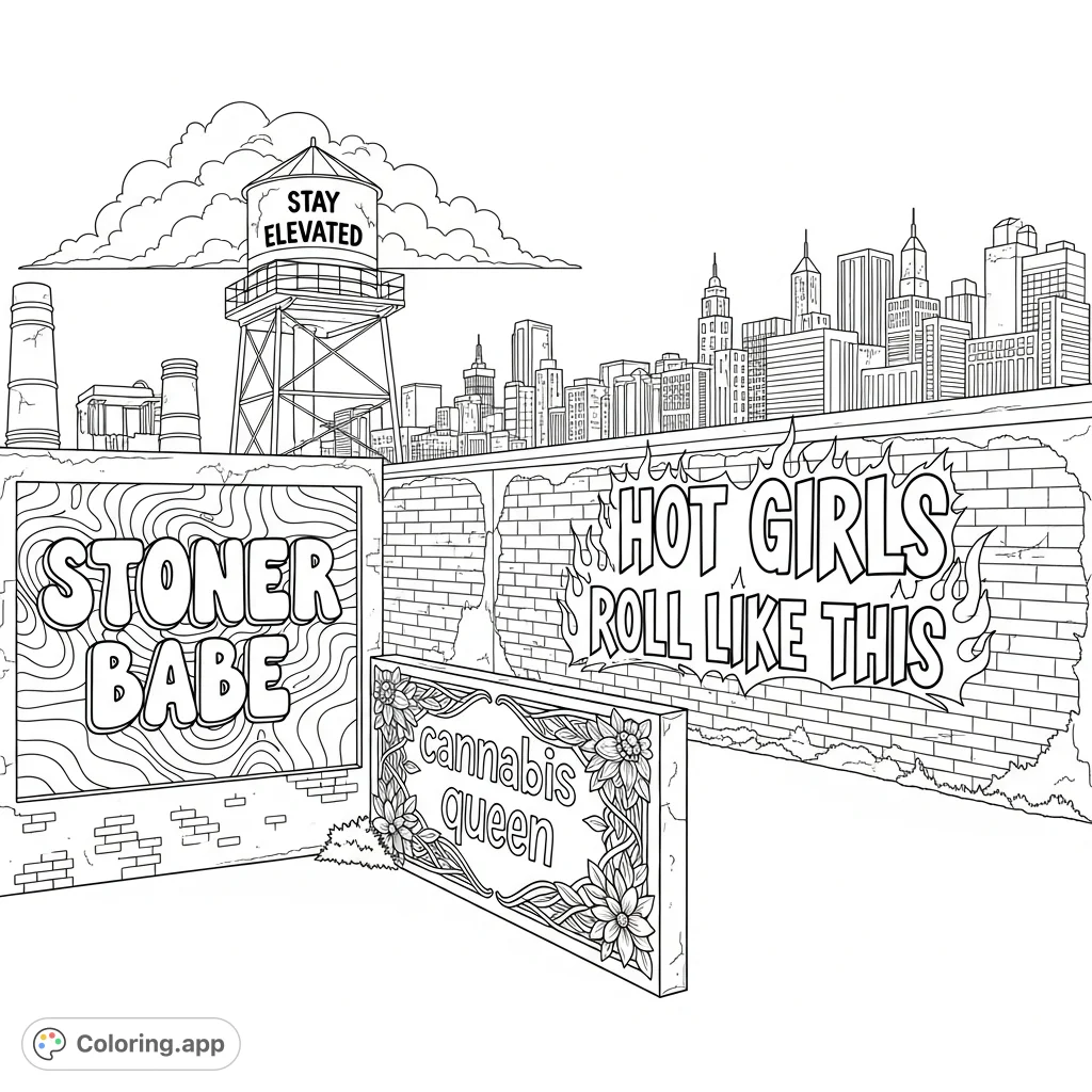 Explore an expansive cityscape adorned with unique street art: bold typography on industrial walls, ornate murals with leafy patterns, and motivational text above the skyline.