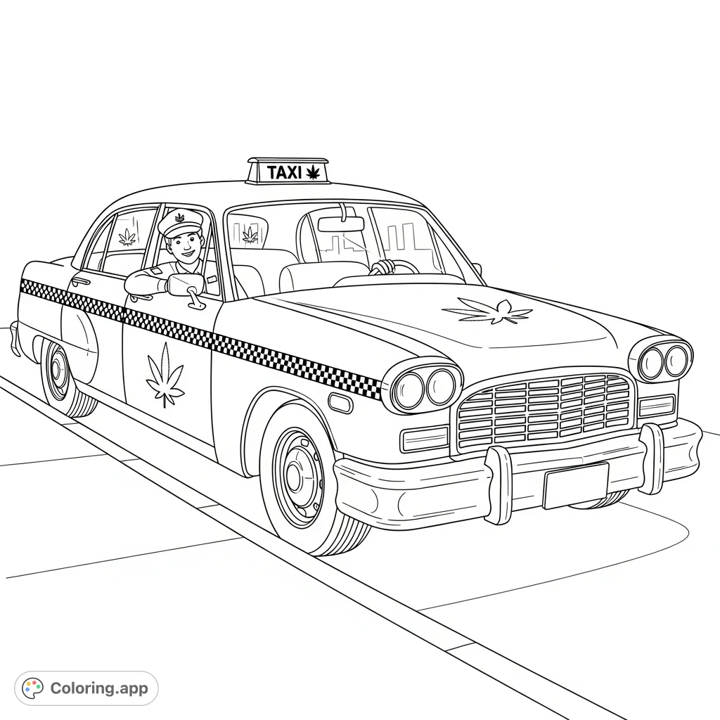 A unique urban taxi coloring page, featuring a classic cab with stylized cannabis leaf emblems. Perfect for adult colorists exploring distinct themes.