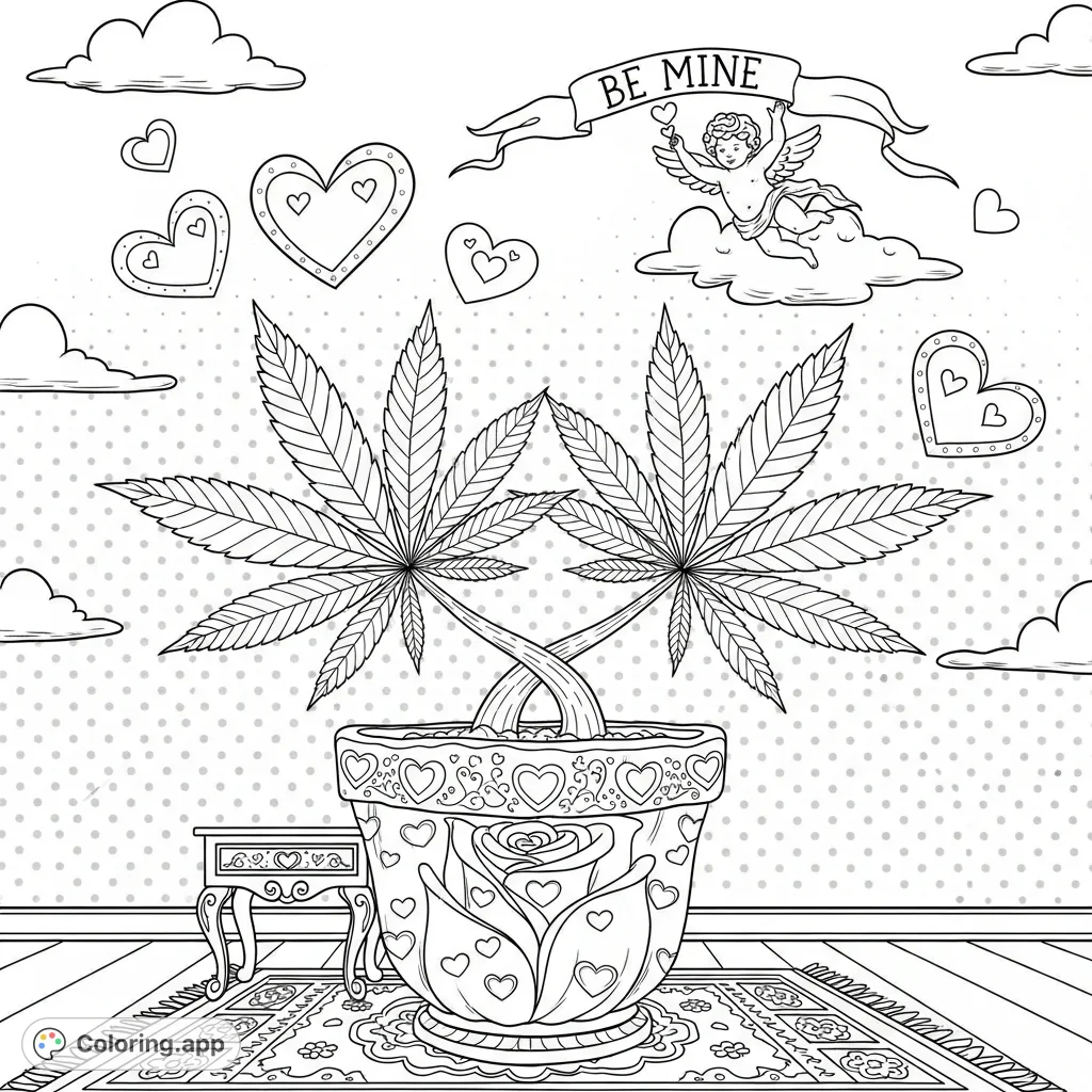 Discover an adult-themed marijuana coloring page featuring two intertwined plants, an ornate rose pot, a cherub with a "Be Mine" banner, and floating hearts.