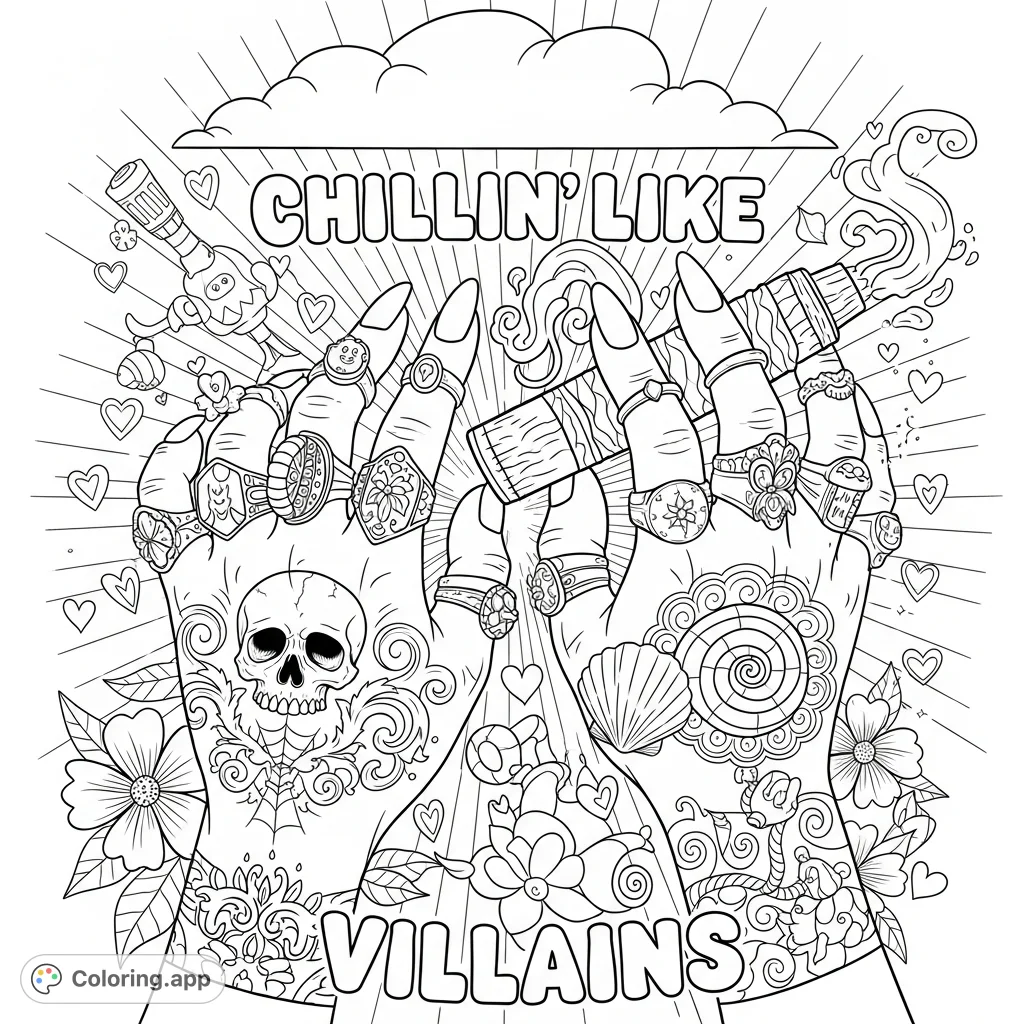 Unleash your creativity with this detailed villainous hands coloring page, featuring intricate rings, tattoos, and text, set amidst swirling vapor and flowers.