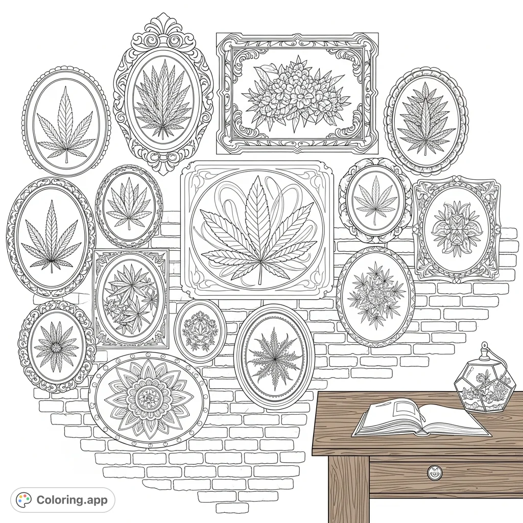 An intricate coloring page featuring a rustic brick wall adorned with vintage embossed frames, each showcasing detailed cannabis-themed illustrations and motifs.