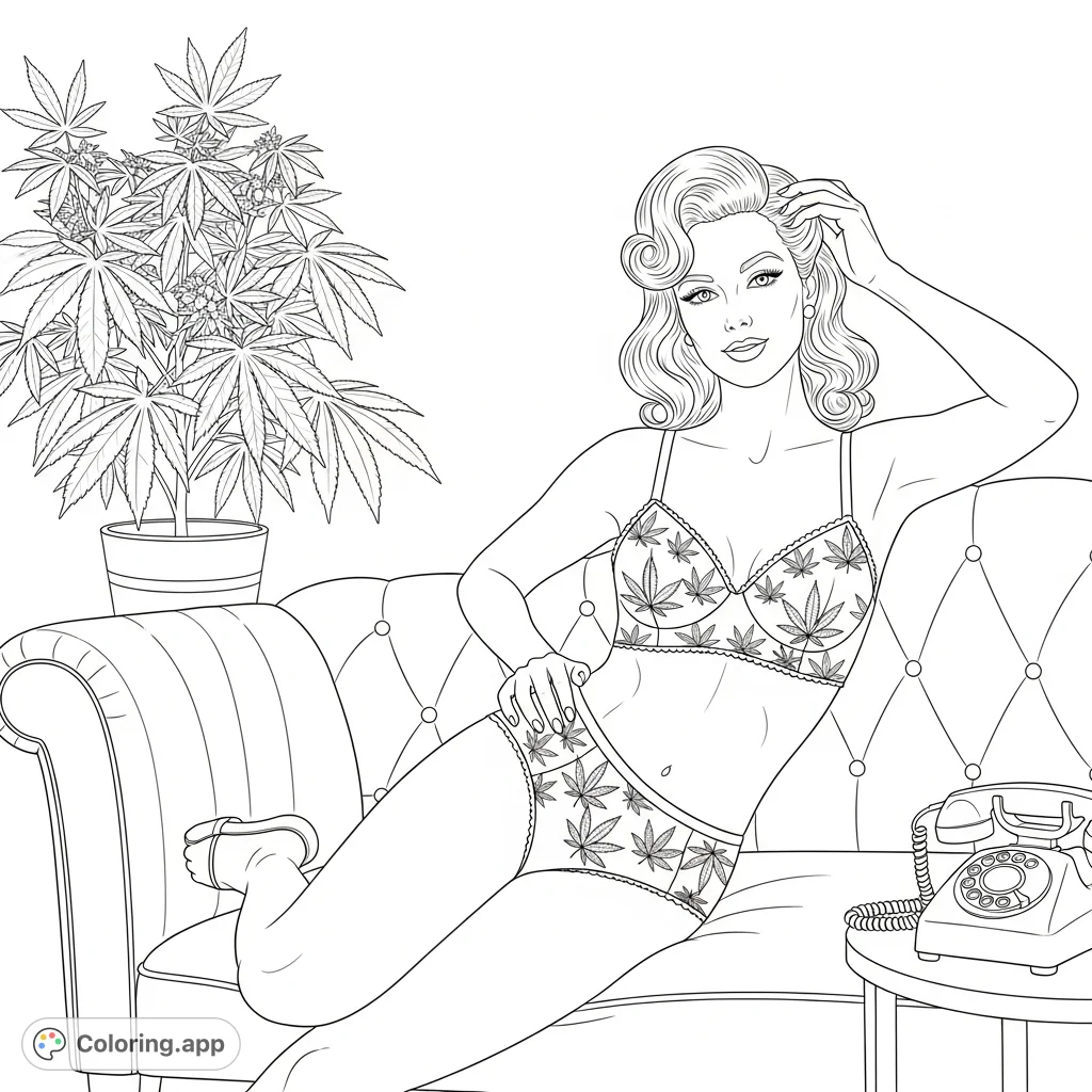 Indulge in a sophisticated 1950s pin-up scene featuring a woman in intricate lingerie and a cannabis plant. A unique adult coloring page.