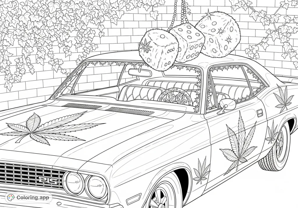 A customized vintage muscle car with intricate cannabis leaf patterns, fluffy dice, and a plush interior, set against an ivy-covered brick wall.