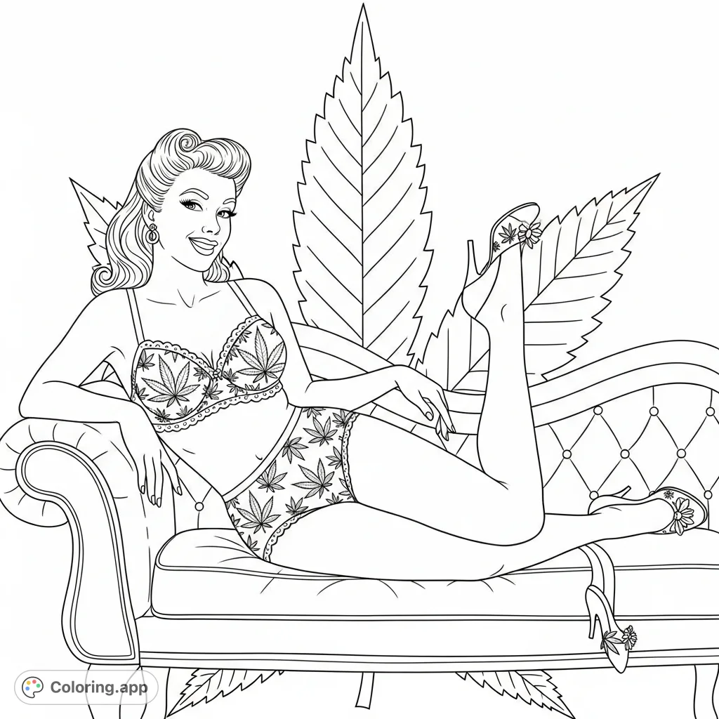 A charming 50s pinup model poses in cannabis-themed lingerie on a chaise lounge, perfect for adult colorists seeking a unique and playful design.