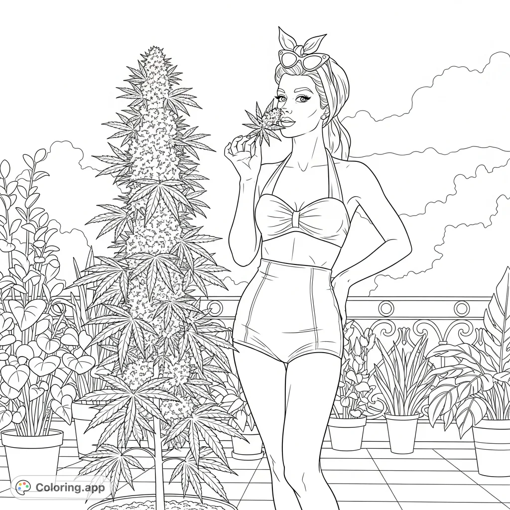 Capture the allure of a vintage-inspired beach scene with a playful woman and a majestic cannabis plant on a sun-drenched patio. A unique adult coloring page.