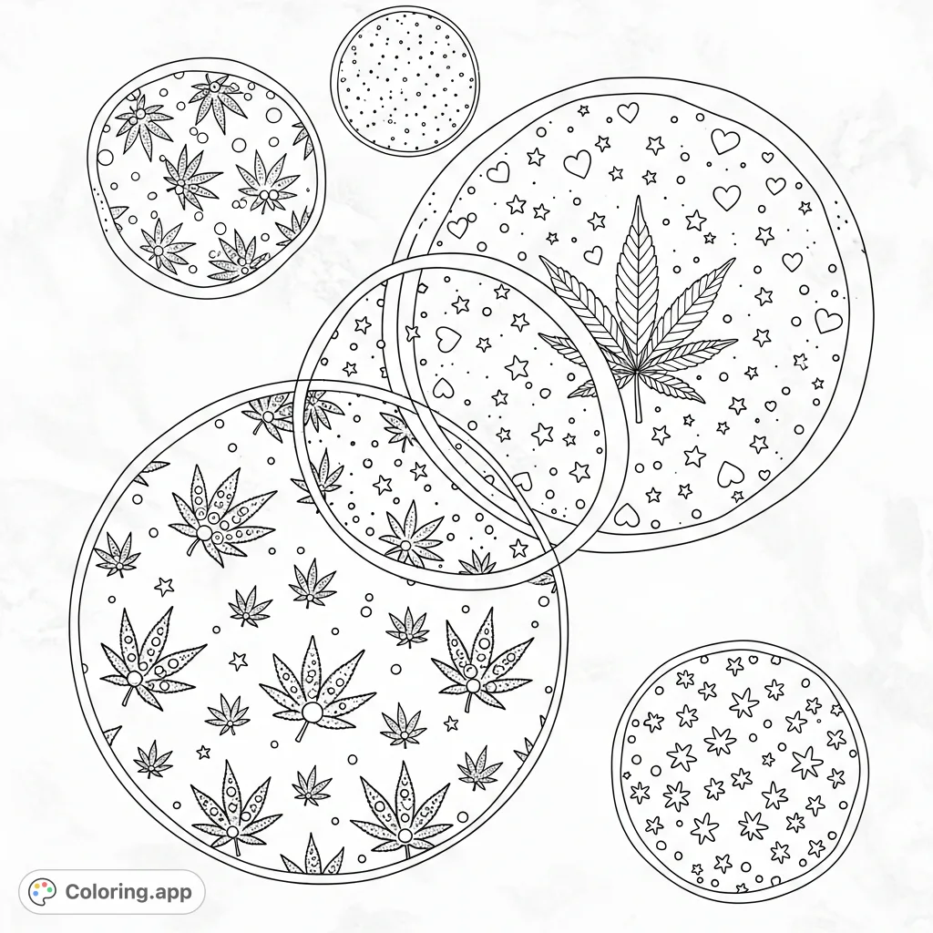 Explore a unique cannabis leaf coloring page featuring whimsical leaf designs within overlapping translucent circles, adorned with dew drops, stars, and hearts.