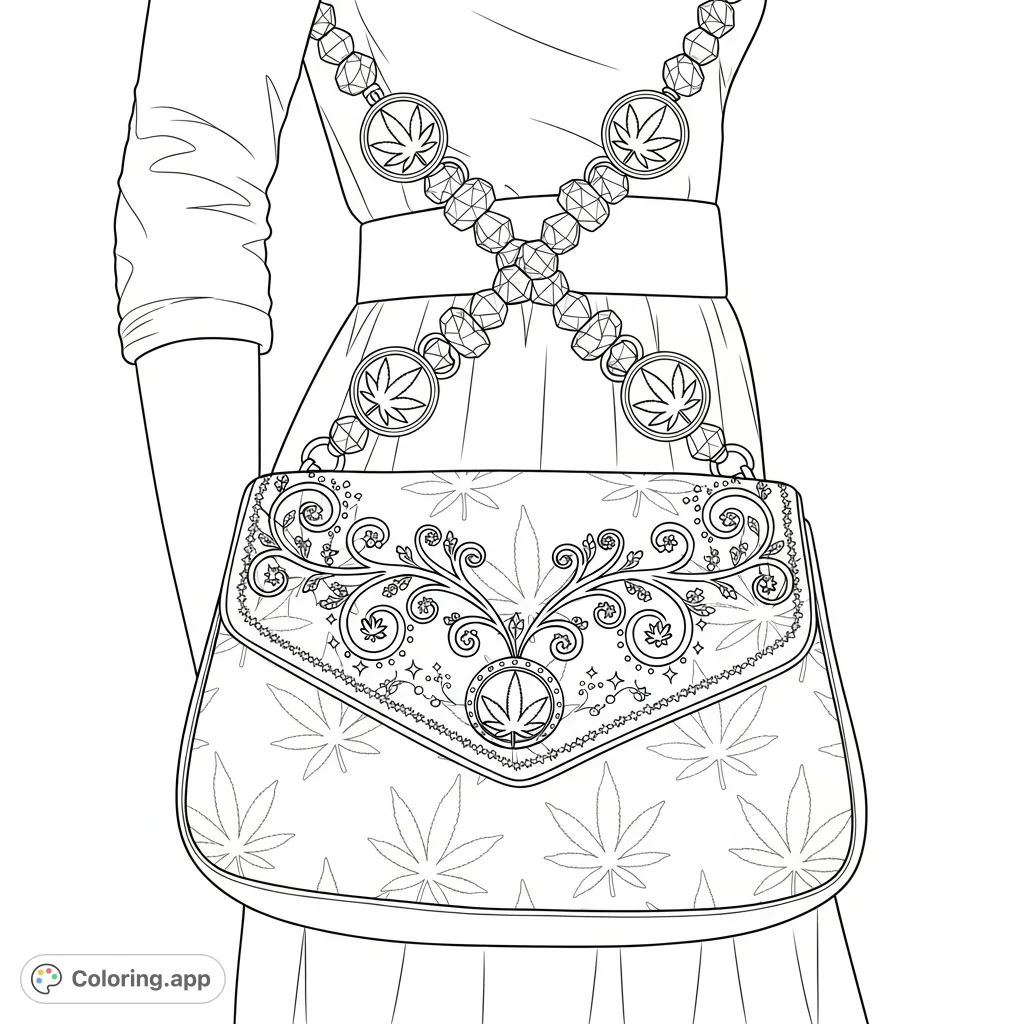 A stylish individual's hip and a large purse adorned with subtle cannabis leaf patterns, beaded strap, and intricate vine embroidery for a whimsical look.