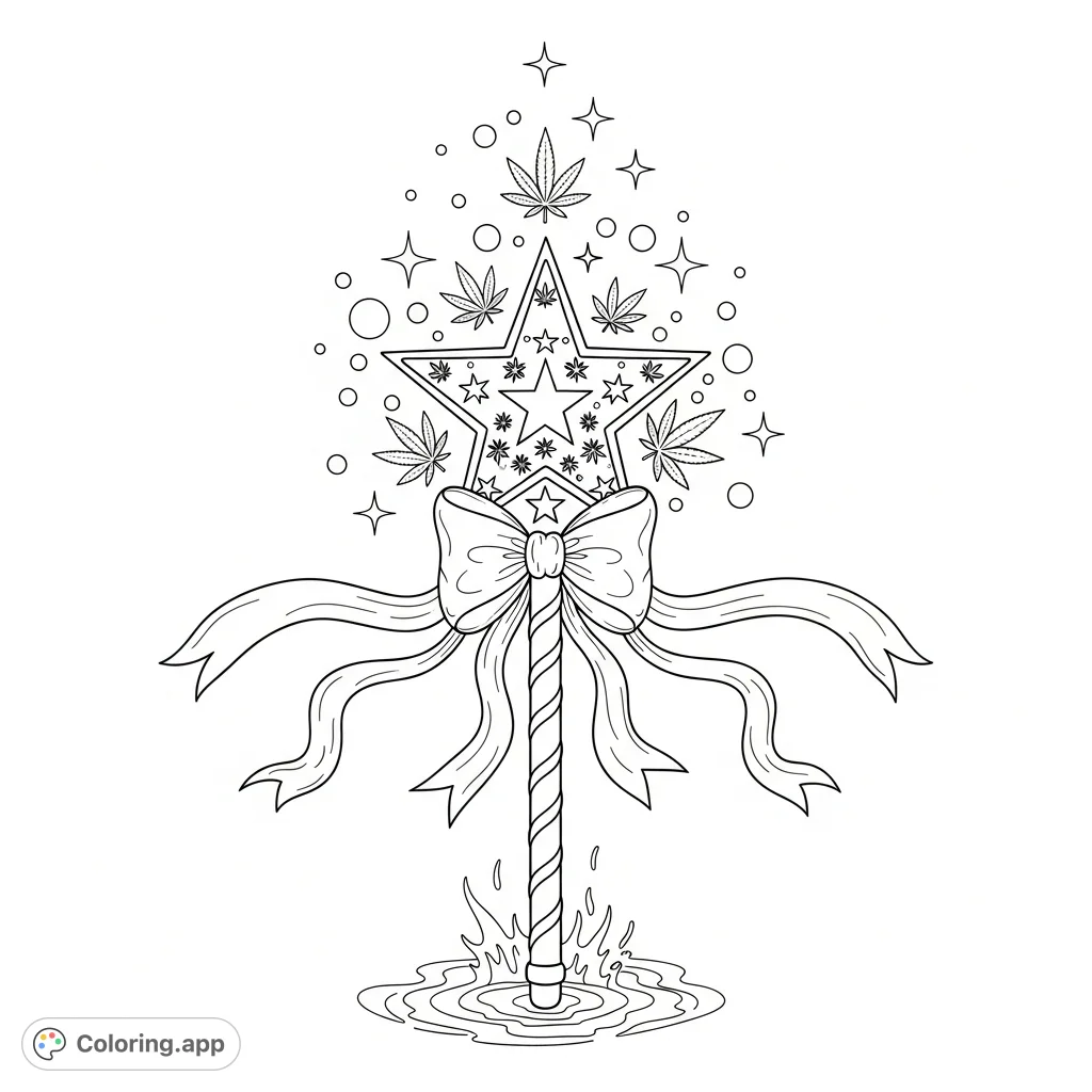 Discover a whimsical magic cannabis wand coloring page, featuring an intricately detailed star crown, flowing ribbons, and swirling energies, perfect for adult colorists.