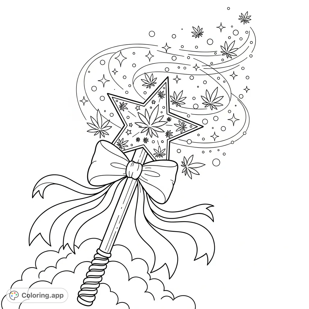 Unleash your creativity with this intricate magic cannabis wand coloring page, featuring a detailed star, flowing ribbons, and a mystical aura from a soft cloud.