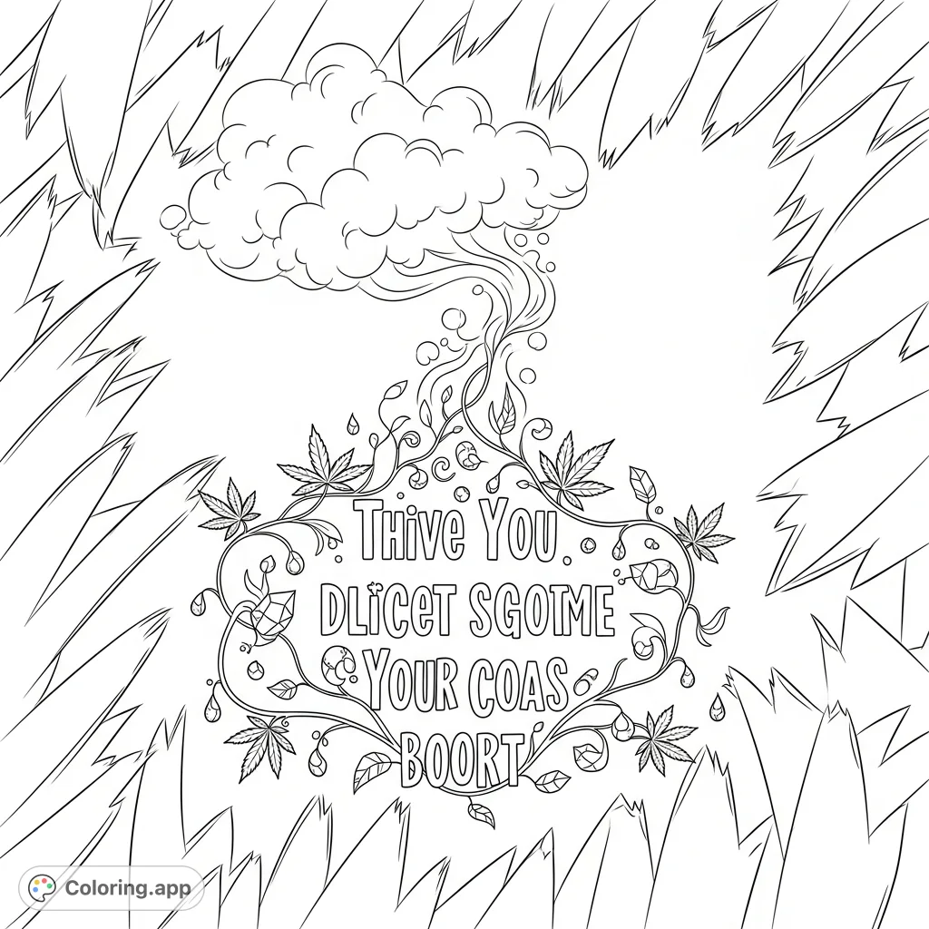 A captivating coloring page featuring a quote emerging from ethereal smoke, transforming into delicate vines with stylized cannabis leaves and crystal dewdrops, set against bold patterns.