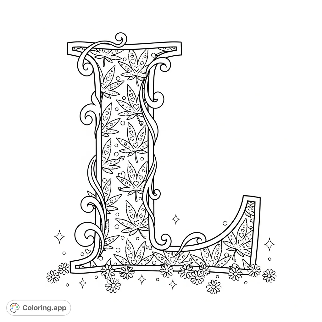 A whimsical capital letter L adorned with elegant flourishes, filled with charming marijuana leaf patterns, delicate dots or hearts, and surrounded by daisies and sparkles.
