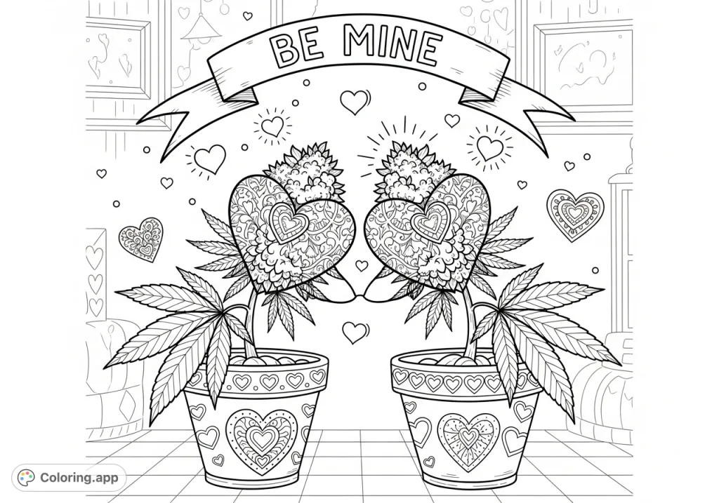 A tender, whimsical coloring page featuring two marijuana plants with heart-shaped leaves leaning together in a decorative pot, under a 'Be Mine' banner, surrounded by floating hearts in a cozy room. Perfect for adults.