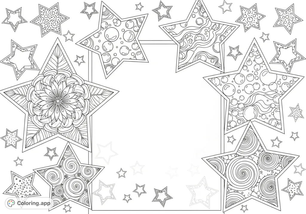 An enchanting whimsical border coloring page filled with diverse star shapes, each showcasing unique abstract patterns including florals, bubbles, smoke, and cosmic elements.