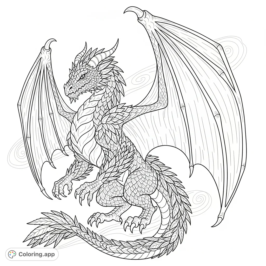 Discover a majestic winged dragon adorned with intricate cannabis leaf patterns, soaring in an organic setting. A unique fantasy challenge for colorists.