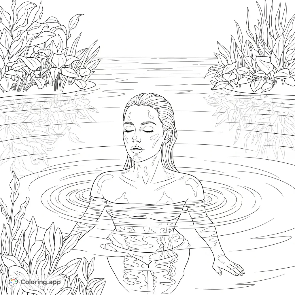 Experience tranquility with this serene woman emerging from a calm pool, hair slicked back, eyes closed. Perfect for mindful coloring.