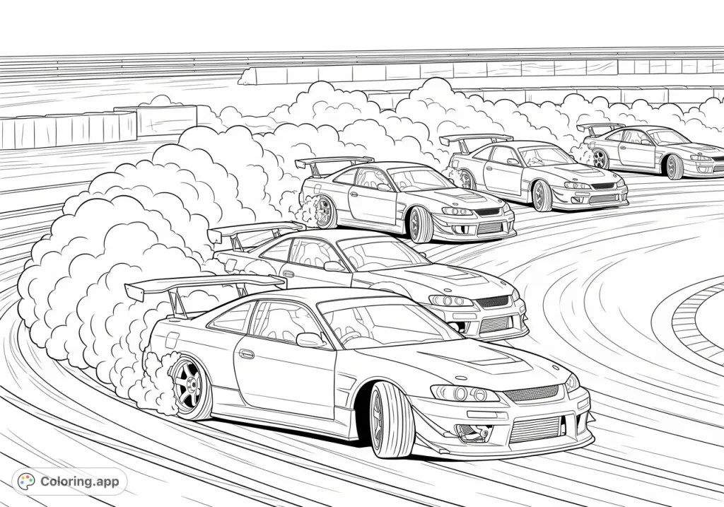 Experience the thrill of high-performance drift cars roaring around a track, enveloped in dramatic tire smoke. A dynamic scene for speed enthusiasts.