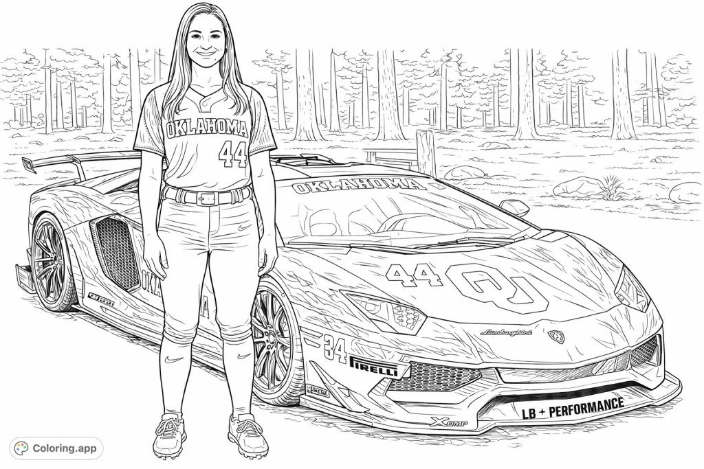 A dynamic softball athlete poses proudly next to a high-performance sports car, set against a forest backdrop. Features intricate details for an engaging coloring experience.