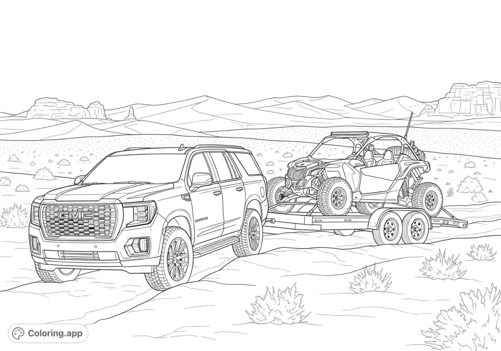 An exciting off-road adventure featuring a GMC Yukon XL 2023 towing a Can-Am Maverick R through a detailed desert landscape. Perfect for vehicle enthusiasts!