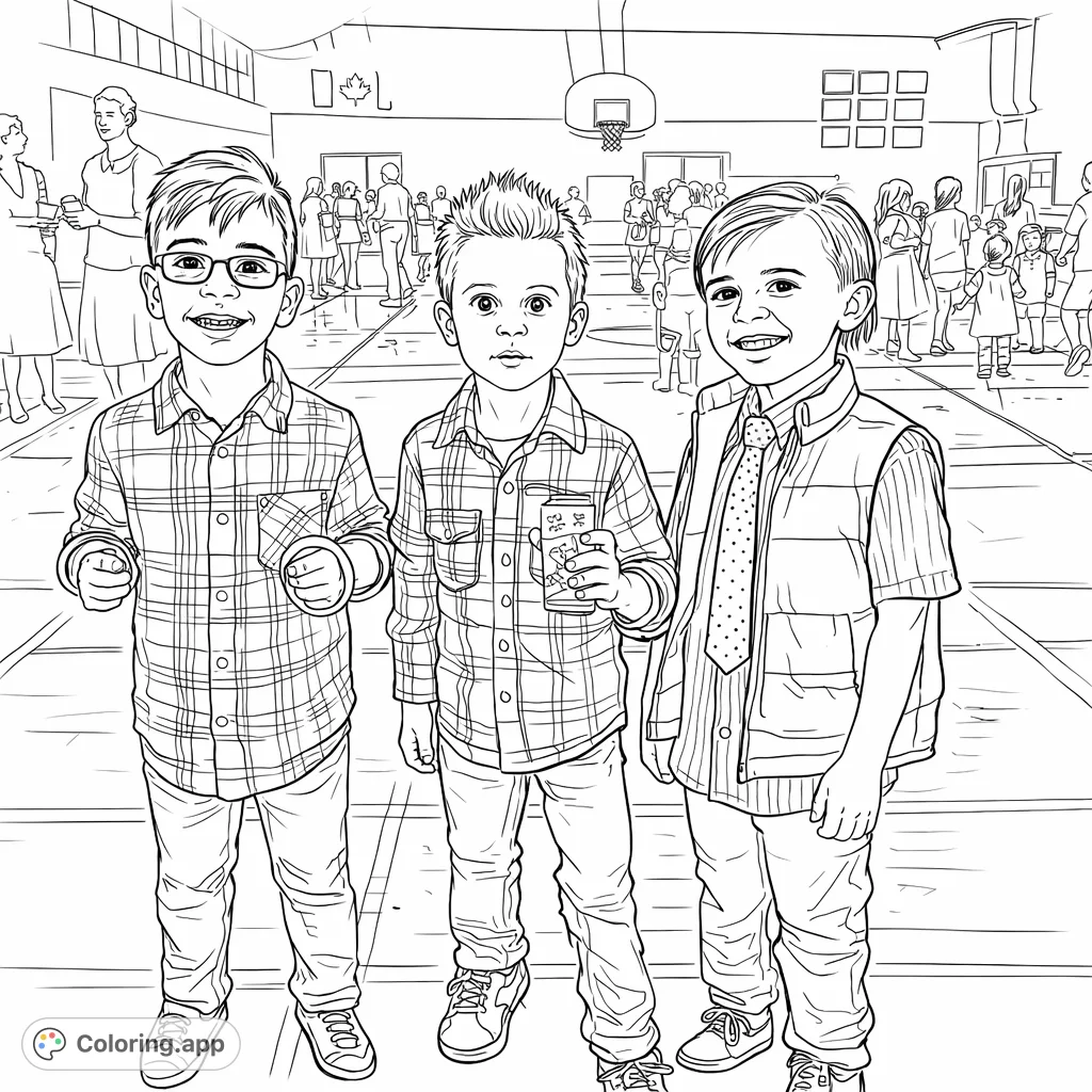 Capture the fun of a lively party with three friends. A dynamic scene perfect for adding vibrant imagination and creating a memorable artwork.